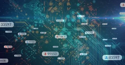 Displaying glowing digital network in dark digital interface, with floating data Stock Photos