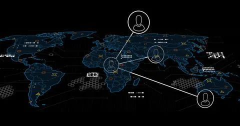 Displaying glowing digital world map with data icons on data dashboard, with Illustrazione stock
