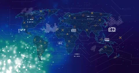 Displaying glowing digital world map projecting network icons and hex patterns Stock Illustration