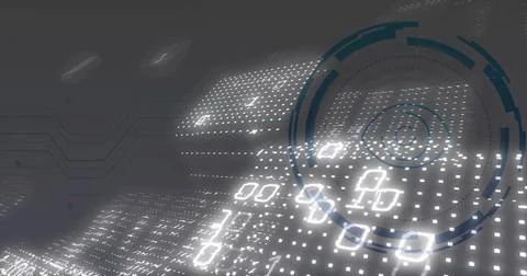 Displaying glowing dot grid, binary code in matrix, HUD ring with segmented arcs Stock Illustration