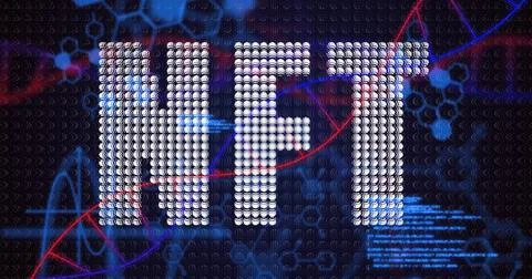 Displaying glowing dot-matrix NFT letters in digital grid, with light streaks, 写真素材