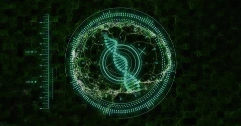 Displaying glowing double-helix DNA pulsing within concentric HUD rings on lab Stock Illustration