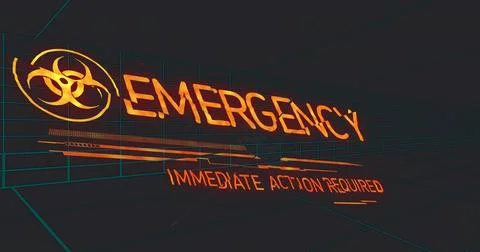 Displaying glowing EMERGENCY alert graphics filling dark VR room with biohaza Stock Illustration