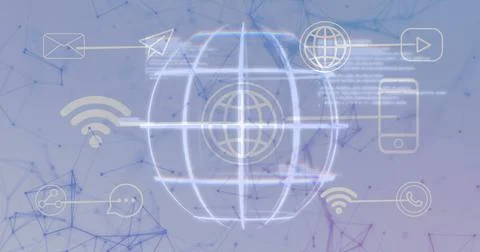 Displaying glowing globe grid at digital network center with envelope and wifi Stock Illustration