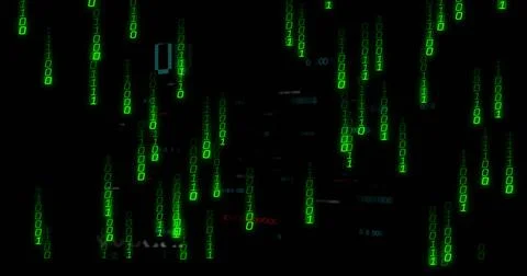 Displaying glowing green binary code streams in cyber space, with occasional Foto stock