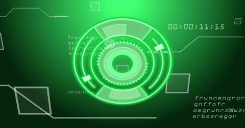 Displaying glowing green circular interface on control panel, with timecode, Stock Photos