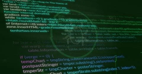 Displaying glowing green code on computer monitor at desk with hand-drawn white Stock Illustration