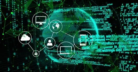 Displaying glowing green dotted globe linking network icons in cyberspace, with Stock Illustration