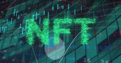 Displaying glowing green NFT text over virtual dashboard, with candlestick chart Stock Photos