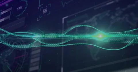 Displaying glowing green waveform undulating on digital dashboard, with HUD Illustrazione stock