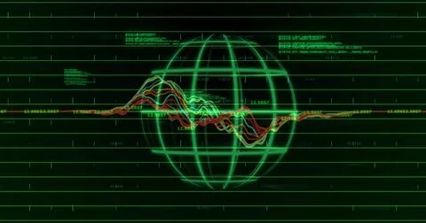 Displaying glowing green wireframe globe crossing rainbow waveform on system UI Stock Illustration