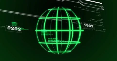 Displaying glowing green wireframe sphere hovering at center of interface, with Stock Illustration