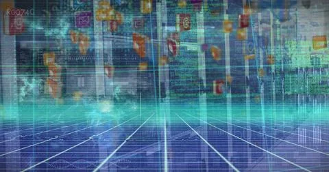 Displaying glowing grid environment extending through virtual space with app  Stock Photos