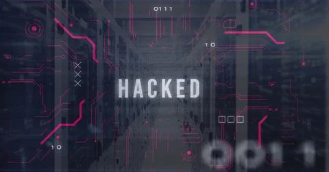 Displaying glowing HACKED text over data center corridor, with server racks and Stock Photos