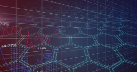 Displaying glowing hex grid mesh in virtual dashboard, with red blue traces and Stock Illustration