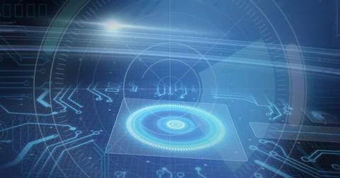 Displaying glowing holographic interface floating above panel with circuit Illustrazione stock