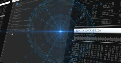 Displaying glowing interface on PC with code panel data grids and encryption Stockfoto's