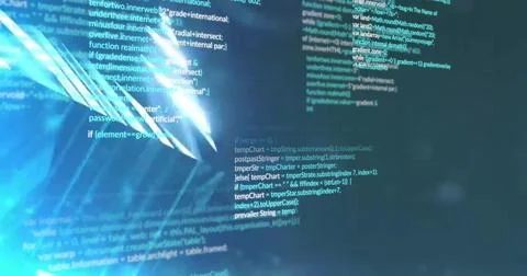 Displaying glowing JavaScript code lines on digital code editor screen, with Stock Photos