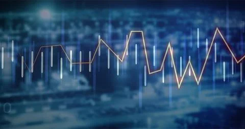 Displaying glowing line graph and vertical data bars over nighttime urban Stock Illustration