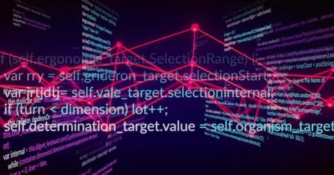 Displaying glowing magenta network graph forming 3D data flow in data space, 스톡 일러스트
