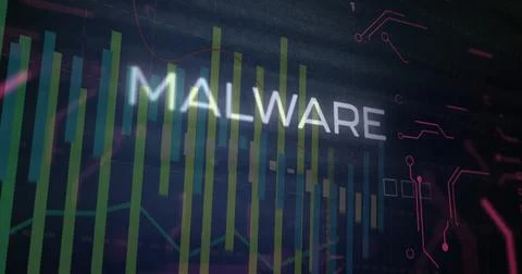 Displaying glowing MALWARE on cybersecurity dashboard, with vertical bar graphs 스톡 일러스트