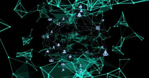 Displaying glowing mesh globe floating in digital void featuring neon nodes with Stockfoto's