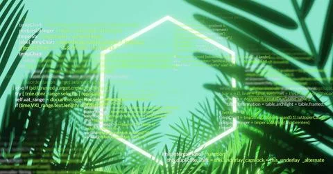 Displaying glowing neon hexagon floating among green palm fronds, with cascading 写真素材