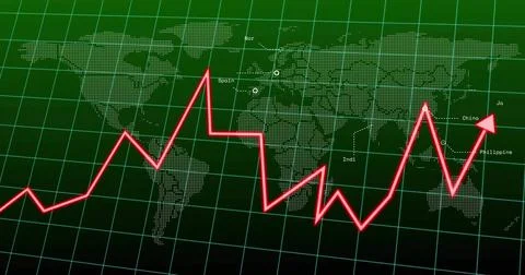 Displaying glowing neon-red zigzag line graph spanning digital dashboard, over Illustrazione stock
