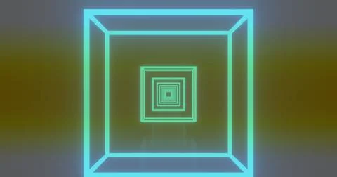 Displaying glowing neon square frames forming tunnel in virtual space, with Stock Photos