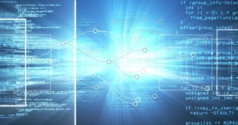 Displaying glowing network map flowing in cyberspace, with data nodes, neon Stock Photos