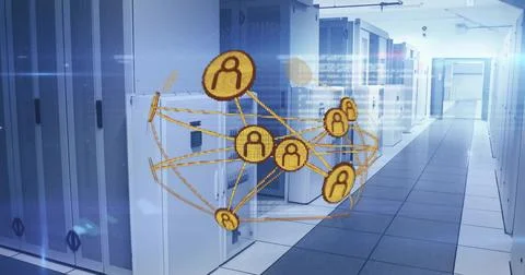Displaying glowing network nodes floating in data center, with server racks, Stock Photos