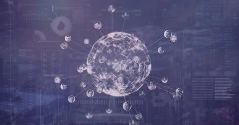 Displaying glowing network sphere with circular portraits wearing business Foto stock