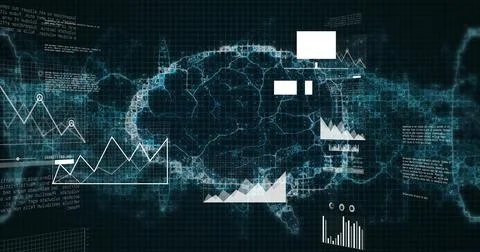 Displaying glowing neural brain in virtual interface with grid overlay, line  Stock Illustration