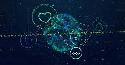 Displaying glowing node cluster pulsing in virtual cyberspace, with circular Stock Photos