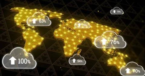 Displaying glowing node world map on dark triangular grid, showing cloud icons Illustrazione stock