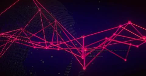 Displaying glowing nodes forming network over virtual space, with globe grid and Illustrazione stock