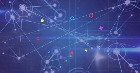 Displaying glowing nodes linking white lines, colored shapes, lens flare in Foto stock