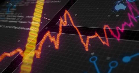 Displaying glowing orange line graph on dashboard, with yellow bars, magenta 스톡 일러스트