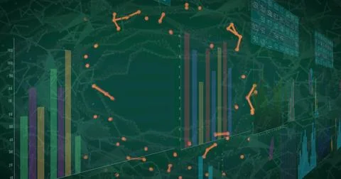 Displaying glowing orange node network on digital dashboard, with bar charts and イラスト素材