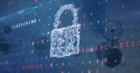 Displaying glowing padlock icon floating over virtual grid, with nodes and Illustrazione stock