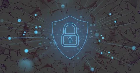 Displaying glowing padlock inside shield at center of network with blue dots Stock Illustration