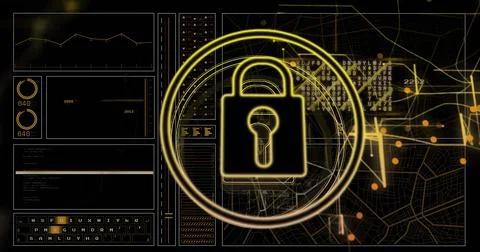 Displaying glowing padlock rotating inside concentric rings on cyber dashboard, Stock Photos