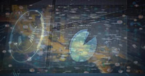 Displaying glowing pie-chart panel over night skyline with panels, gauge widget, Stock Illustration