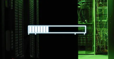Displaying glowing progress bar across data center corridor, showing server Ilustración de archivo