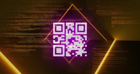 Displaying glowing purple QR code within orange neon diamond frame on screen, 写真素材