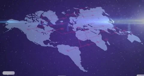 Displaying glowing purple world map floating in digital space, with red nodes Illustrazione stock
