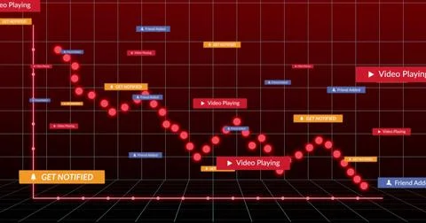 Displaying glowing red data line connecting nodes in futuristic 3D grid with Stock Illustration