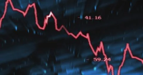 Displaying glowing red jagged line graph traversing dark blue display, showing Stock Illustration