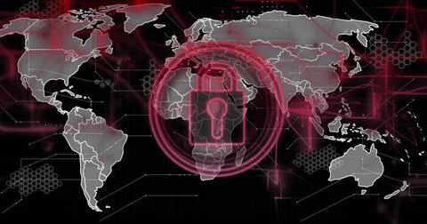 Displaying glowing red padlock over central Africa on gray world map grid, with Illustrazione stock