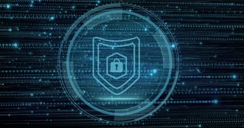 Displaying glowing shield emblem flashing in data network, with padlock icon and Stock Photos